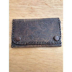 Vintage Hand Tooled Leather Wallet Whipstitch Western Americana Thrashed 3x4